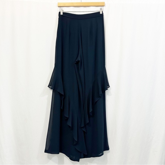Badgley Mischka Cascading Ruffle Wide Leg High Waist Pants in Navy Blue - Picture 6 of 13